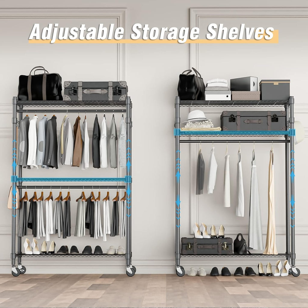 Homdox Rolling Clothes Rack Heavy Duty, 3-Tier Adjustable Wire Shelving Garment Organizer with Double Rods & Hooks, Portable Clothes Rack with Wheels, 17.72" D x 47.24" W x 80.71" H, Grey