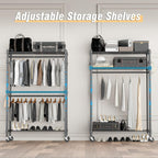 Homdox Rolling Clothes Rack Heavy Duty, 3-Tier Adjustable Wire Shelving Garment Organizer with Double Rods & Hooks, Portable Clothes Rack with Wheels, 17.72" D x 47.24" W x 80.71" H, Grey