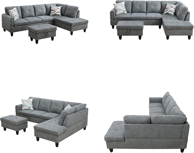 Sectional Couches for Living Room with Movable Chaise & Storage Ottoman - 97.5" Velvet L Shaped Couches for Living Room Apartment, 4 Seat Home Furniture Modular Sectional Sofas, Grey