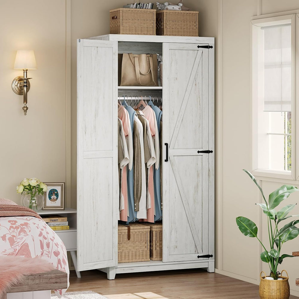 AMERLIFE 71" Farmhouse Wardrobe Closet with Hanging Rod & Barn Doors...