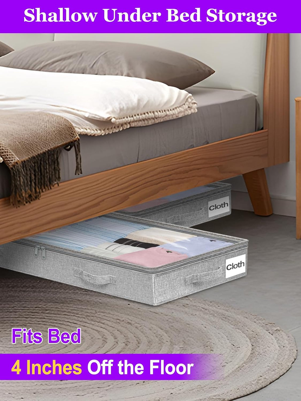 Under Bed Storage, Below 4 Inches High Underbed Storage Containers Low Profile, NO STRUCTURE, Foldable Shallow Storage Bags Bins Organizer Clothes with Clear Lid & Zipper, 2-Pack, 20x40x3.7in
