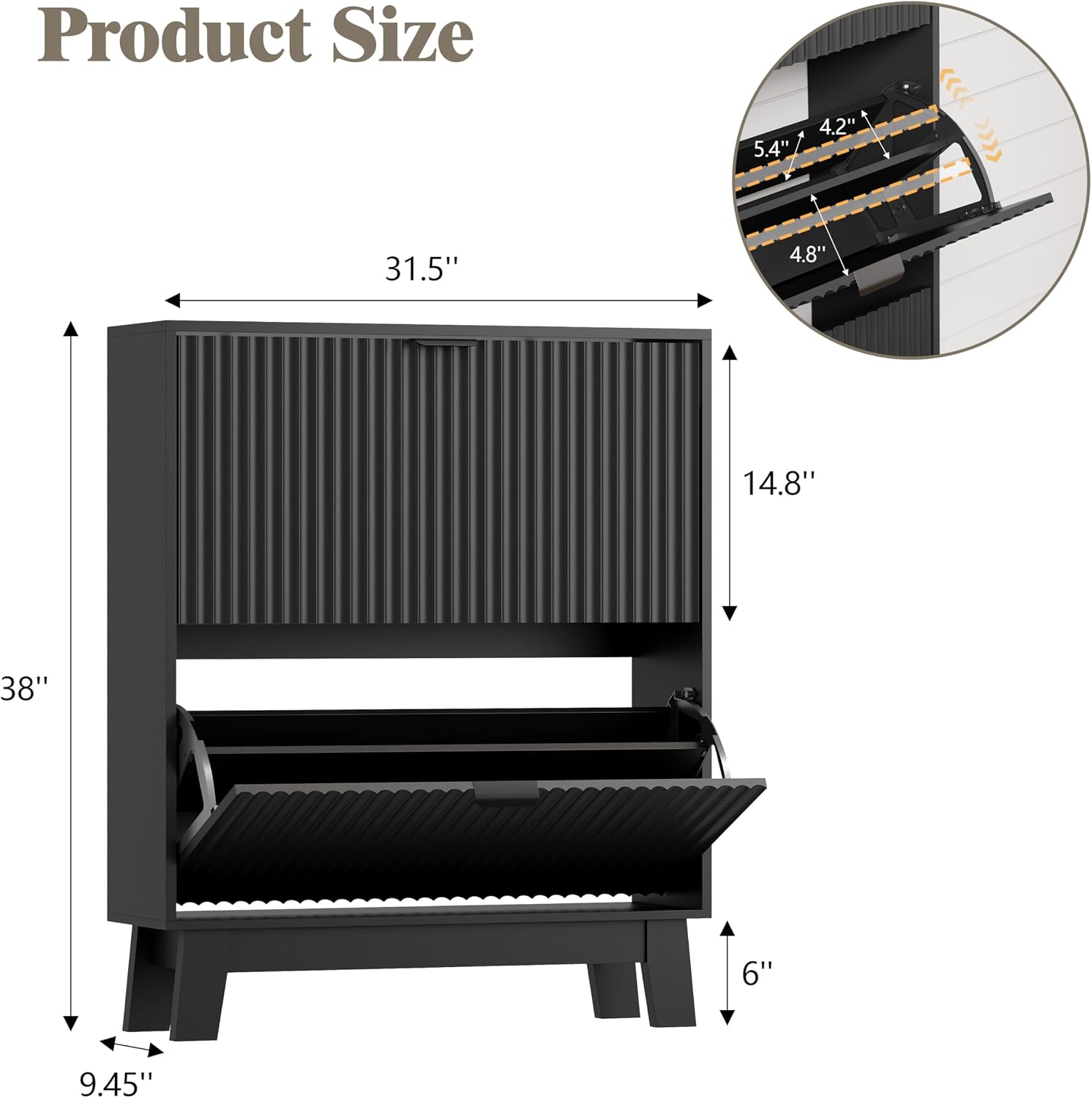 HUANLEGO Shoe Cabinet Storage for Entryway with 2 Flip Drawers, Fluted Narrow Shoe Organizer with Wooden Legs, Freestanding Slim Shoe Storage Hidden Shoe Rack Organizer for Front Door Entrance, Black