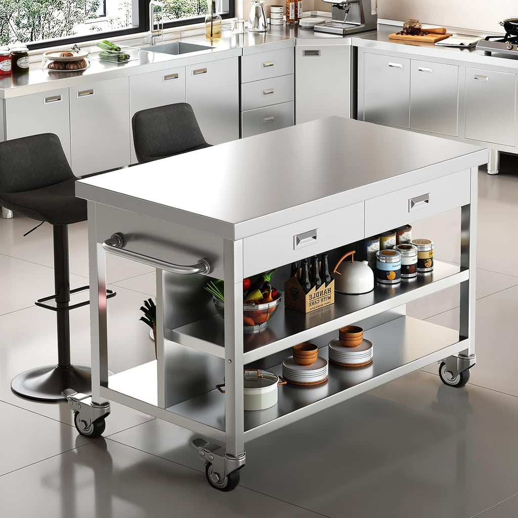 Stainless Steel Kitchen Island with Storage, Rolling Kitchen Island Cart on Wheels with 2 Drawers, Industrial Kitchen Cart, Commercial Portable Island for Kitchen, Bar, Outdoor Patio, 25 x 50 x 37 in
