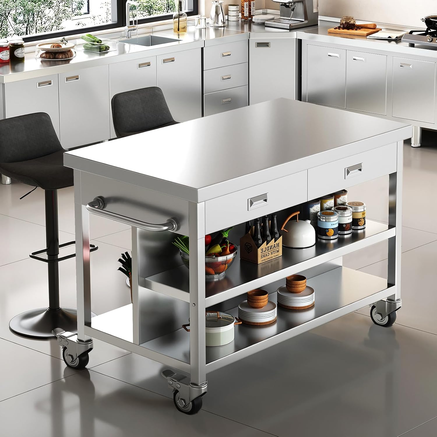 Stainless Steel Kitchen Island with Storage, Rolling Kitchen Island Cart on Wheels with 2 Drawers, Industrial Kitchen Cart, Commercial Portable Island for Kitchen, Bar, Outdoor Patio, 25 x 50 x 37 in