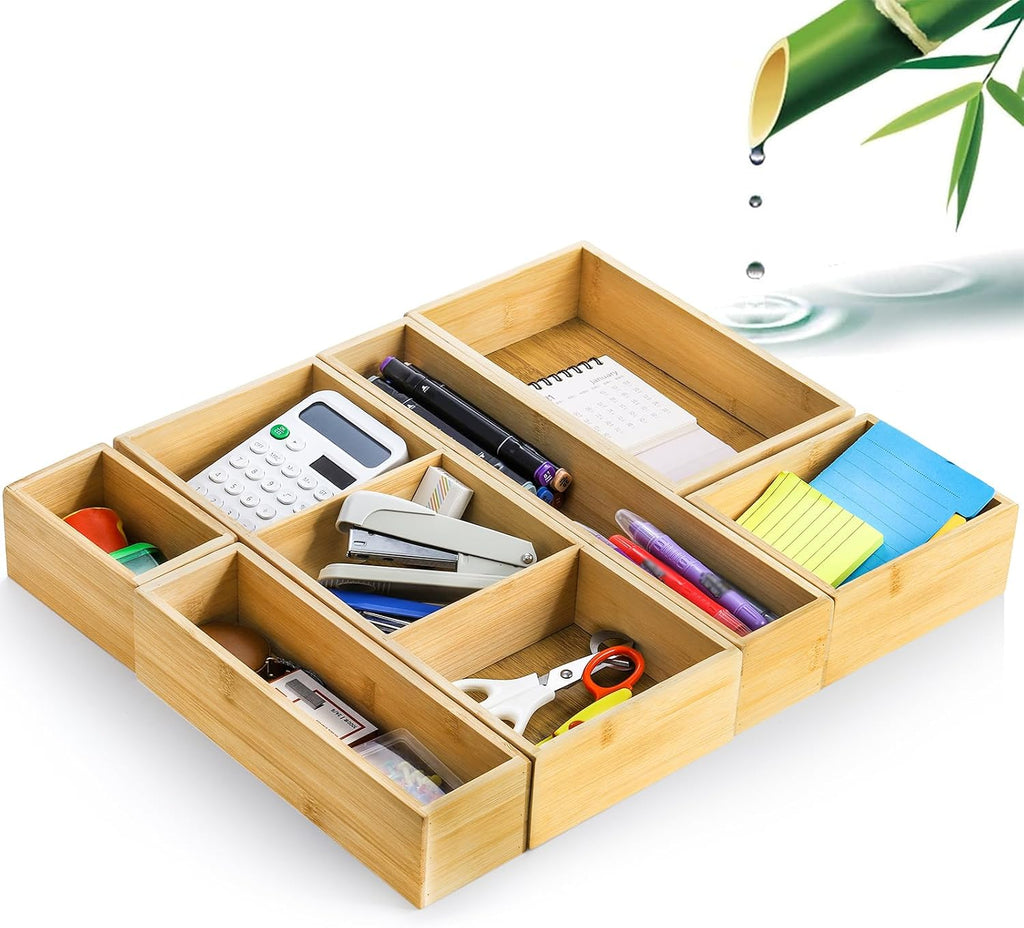 Youeon Set of 6 Bamboo Drawer Organizer Storage Box, Adjustable Cutlery Drawer Organizer, Silverware Organizer Multi-Use for Office, Home, Kitchen, Bedroom, Bathroom