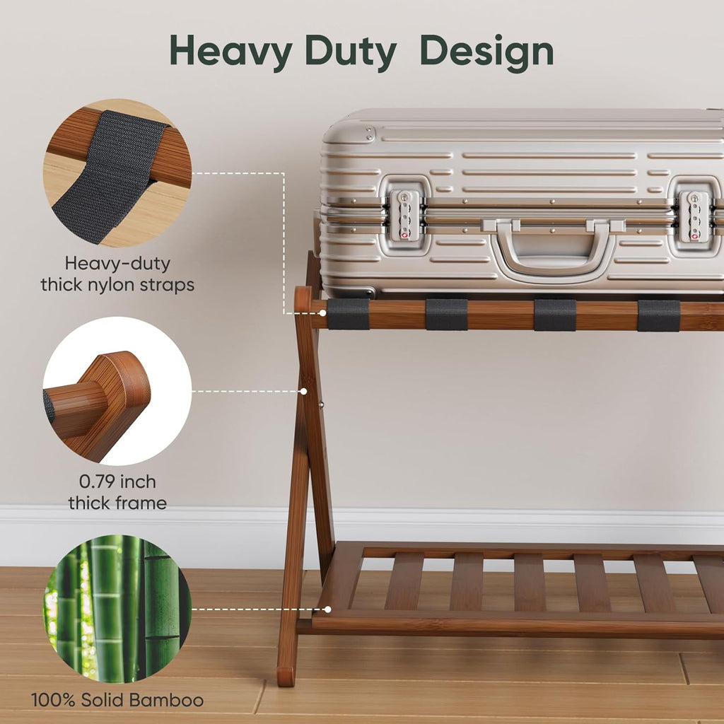 Smart FENDEE Fully Assembled Bamboo Luggage Rack, Walnut Folding Suitcase Stand with Shoe Shelf, Heavy-Duty Luggage Holder for Guest Room Must Haves, Bedroom, Hotel, 1 Pack