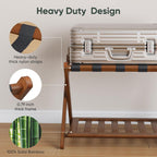 Smart FENDEE Fully Assembled Bamboo Luggage Rack, Walnut Folding Suitcase Stand with Shoe Shelf, Heavy-Duty Luggage Holder for Guest Room Must Haves, Bedroom, Hotel, 1 Pack