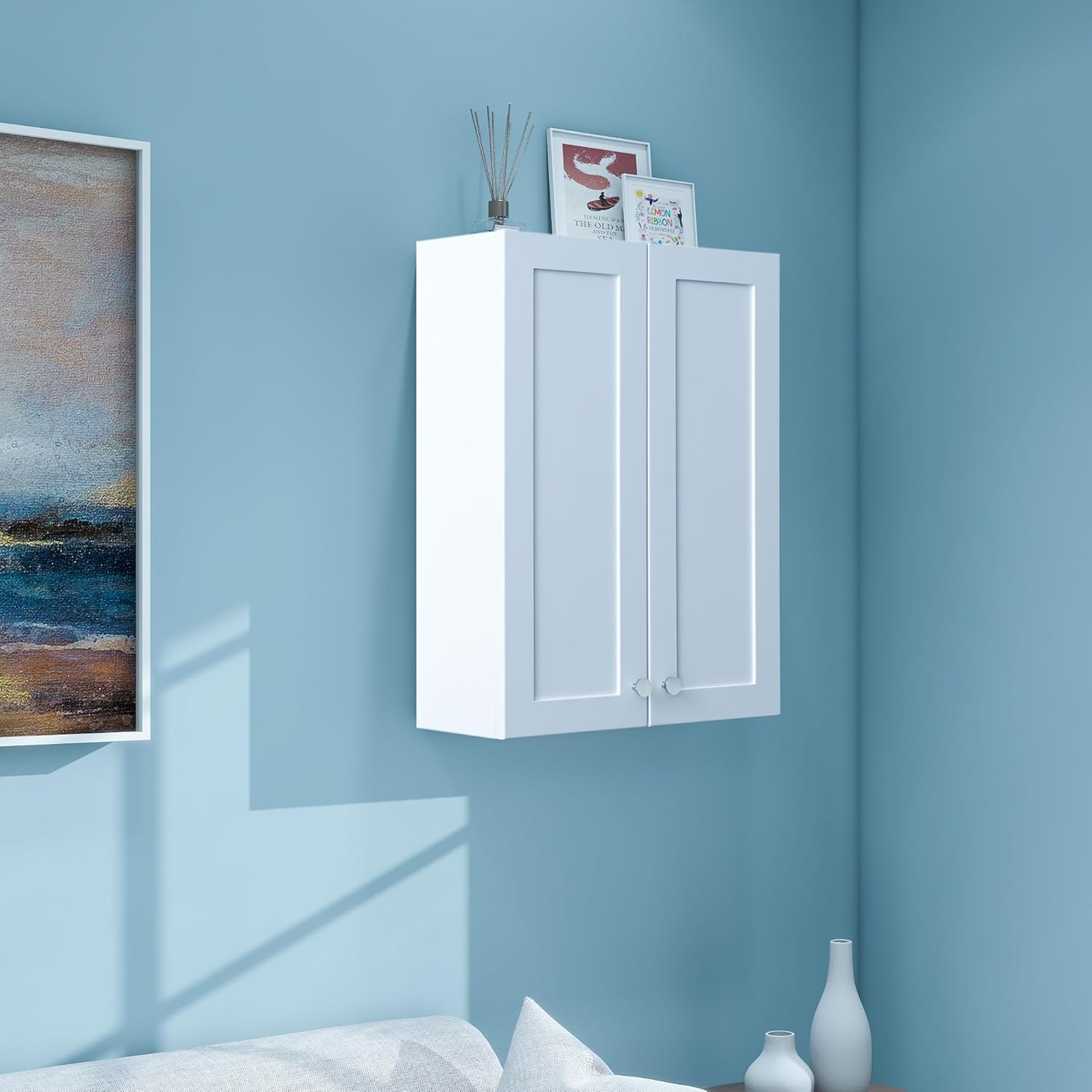 White Wall Mount Cabinet, MDF Over The Toilet Storage Cabinet with Adjustable Shelves, Space Saver 2 Door Medicine Cabinet for Bathroom Laundry Kitchen, 19x 27in, No Paint Odor