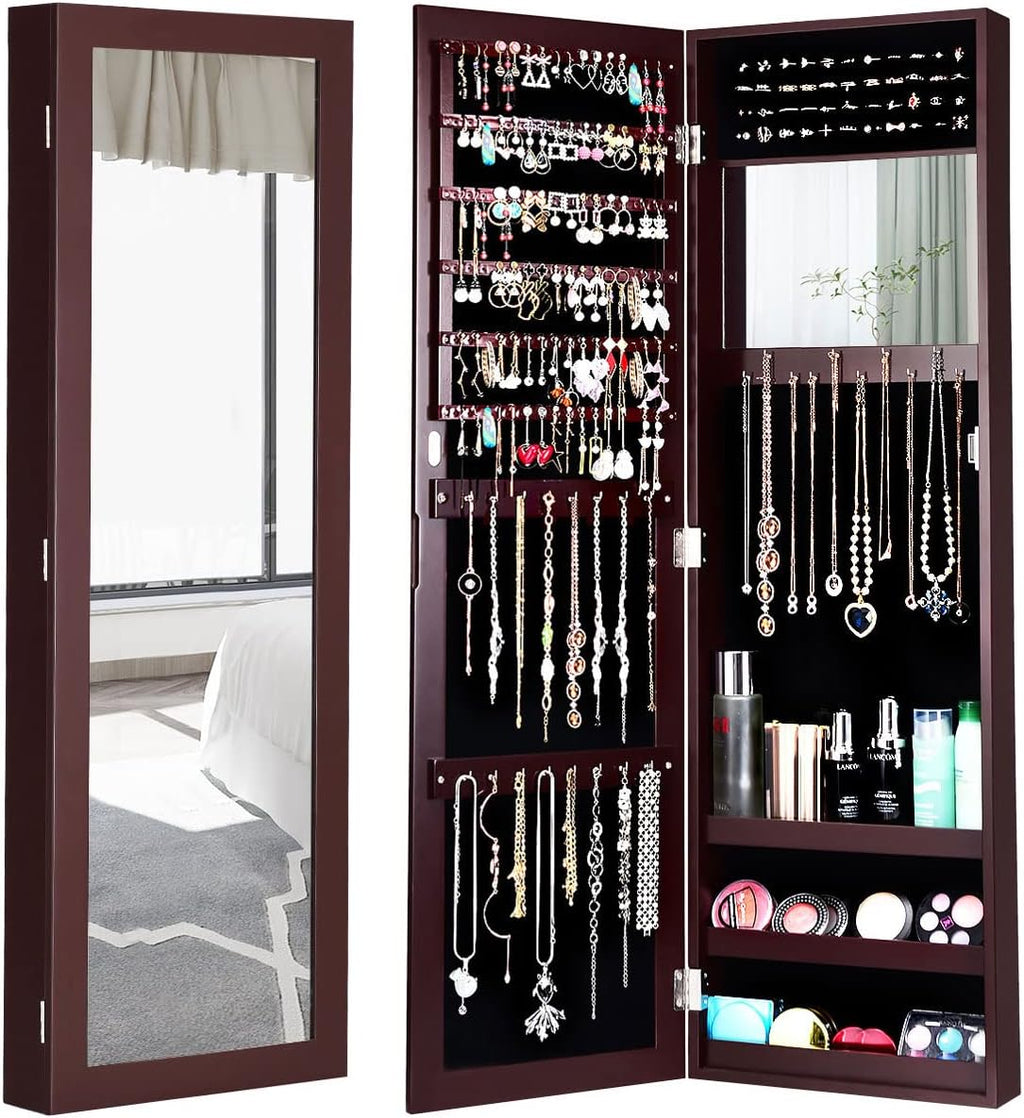 Giantex Wall Mounted Jewelry Cabinet with Full Length Mirror, Over The Door Jewelry Armoire Organizer with Large Storage, Makeup Mirror & Velvet Lining (Brown)