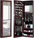 Giantex Wall Mounted Jewelry Cabinet with Full Length Mirror, Over The Door Jewelry Armoire Organizer with Large Storage, Makeup Mirror & Velvet Lining (Brown)