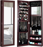 Giantex Wall Mounted Jewelry Cabinet with Full Length Mirror, Over The Door Jewelry Armoire Organizer with Large Storage, Makeup Mirror & Velvet Lining (Brown)