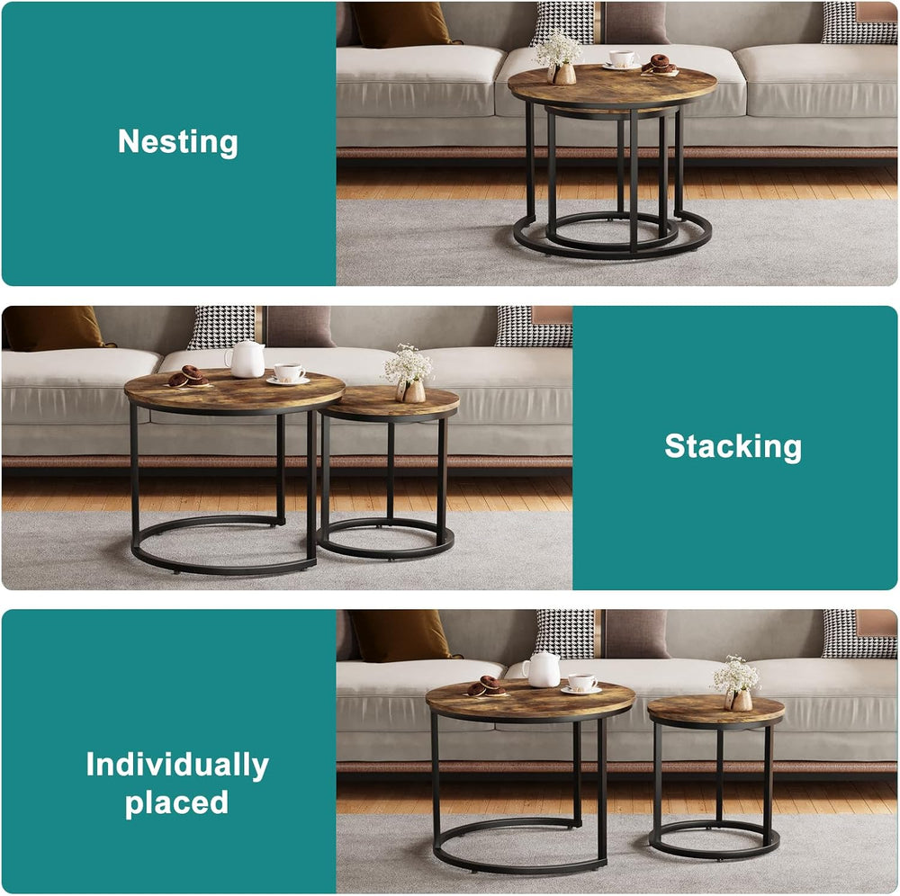 Smuxee Nesting Coffee Table Set of 2, 23.6" Round Coffee Table Rustic Wo...