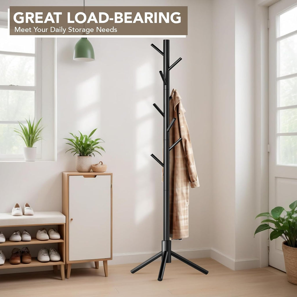Hupmad Wooden Tree Coat Rack Stand,Sturdy Freestanding Coat Rack with 8 Hooks,3 Adjustable Height for Child Adult,Wood Coat Stand Tree Fits Entryway Bedroom Office for Bags,Hats