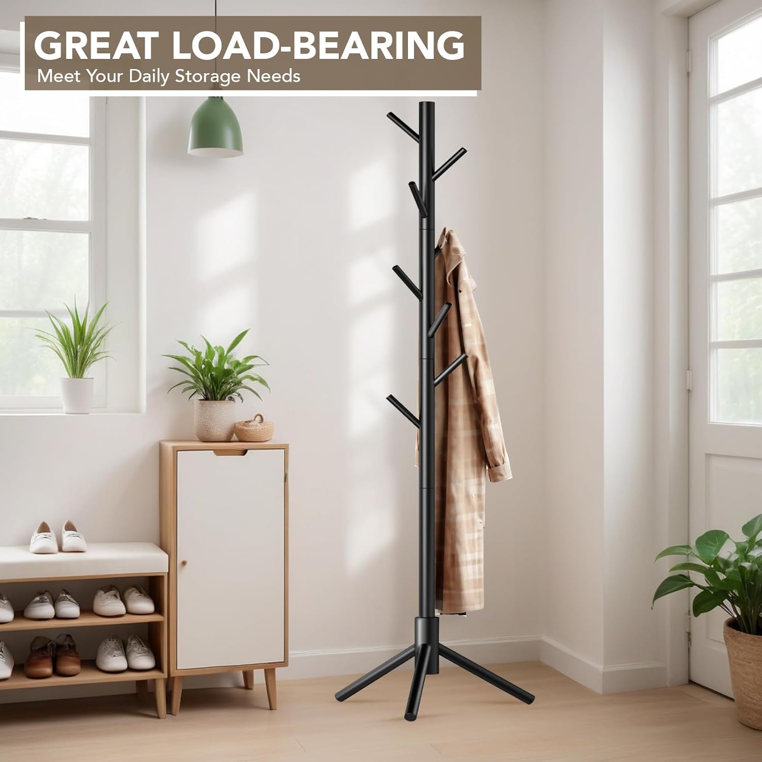 Hupmad Wooden Tree Coat Rack Stand,Sturdy Freestanding Coat Rack with 8 Hooks,3 Adjustable Height for Child Adult,Wood Coat Stand Tree Fits Entryway Bedroom Office for Bags,Hats