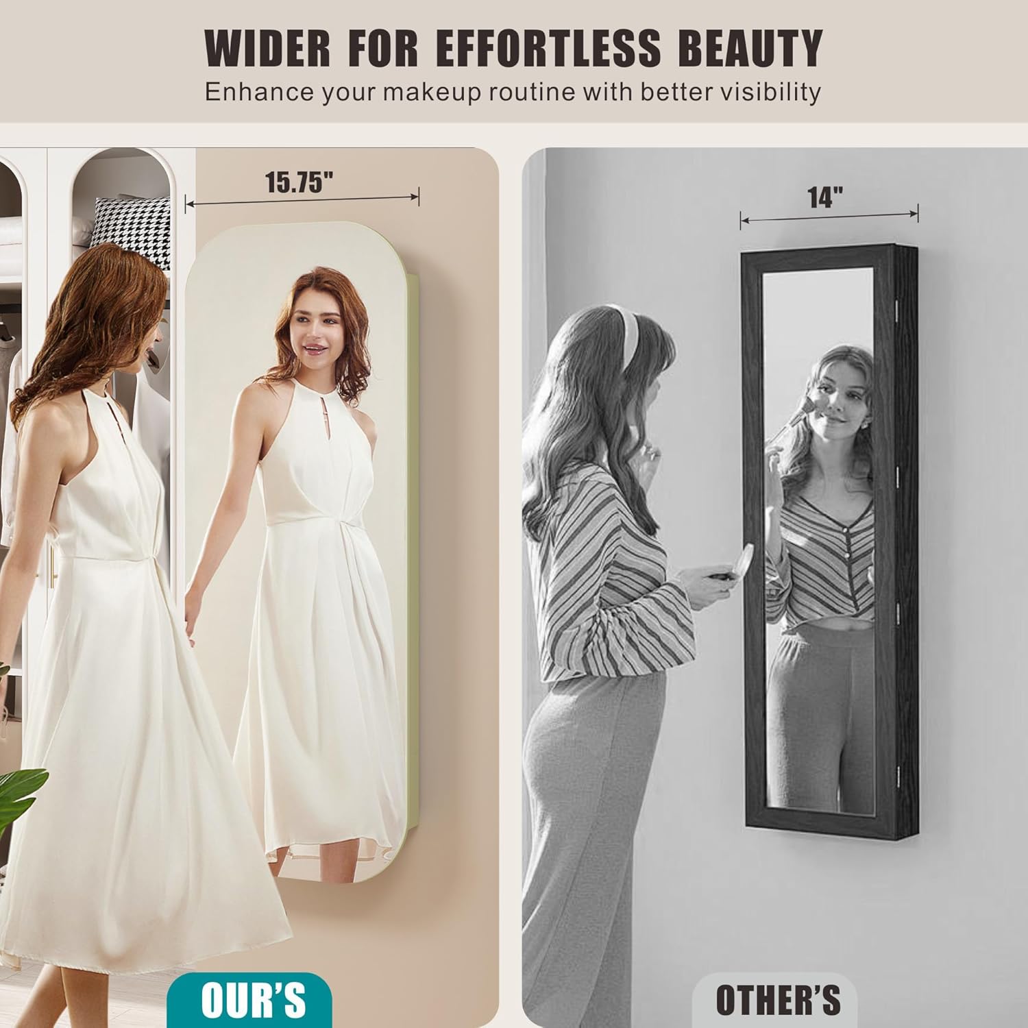 6 LED Mirror Jewelry Cabinet - Wall/Door Mounted Jewelry Armoire with Large Capacity - Lockable Tall Hanging Organizer - Cosmetic Storage & Gift Idea - Green