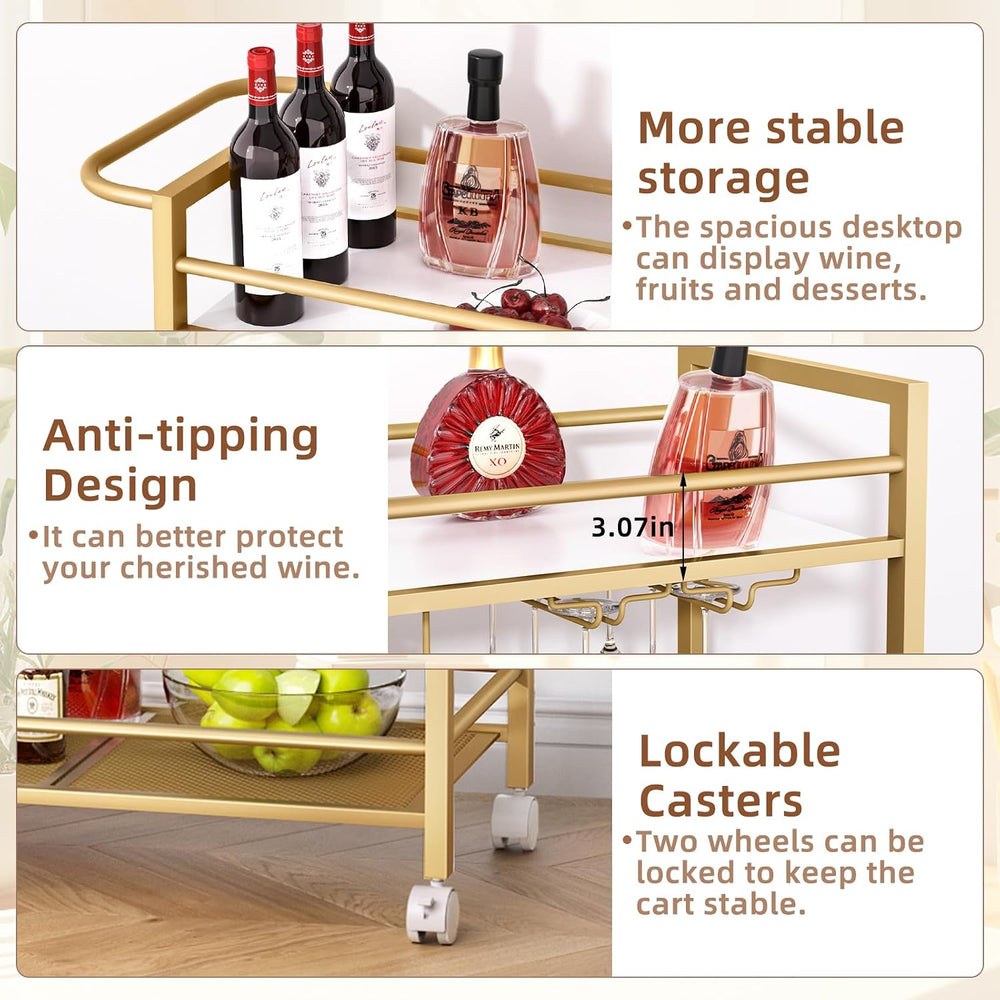 Joaxswe Bar Cart w/Wheels,2 Tier Home Bar Serving Cart,Flowing Gold