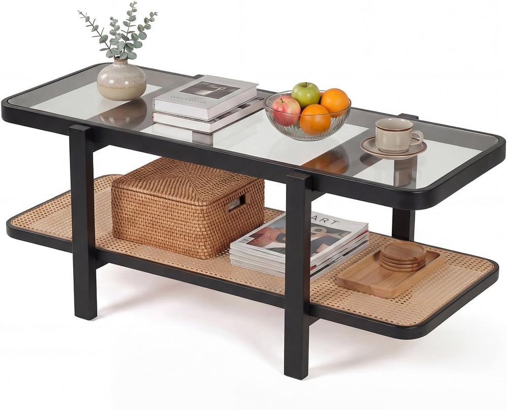 GOFLAME Rattan Coffee Table, 47.5” Solid Wood Center Table with Tempered Glas...