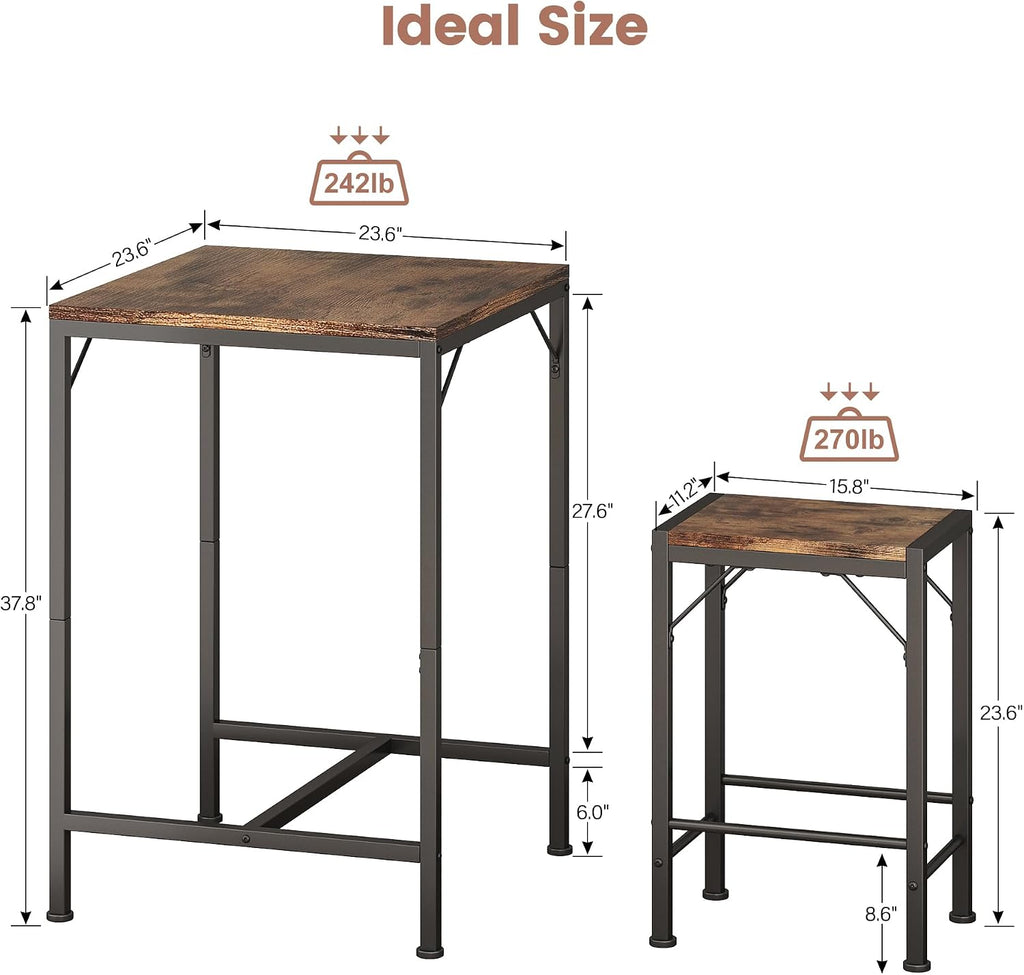 Homeiju Bar Table and Chairs Set, Square Bar Table with 2 Stools, Space-Saving Dining Pub Set for 2, Perfect for Kitchen, Breakfast Nook, Living Room & Small Spaces