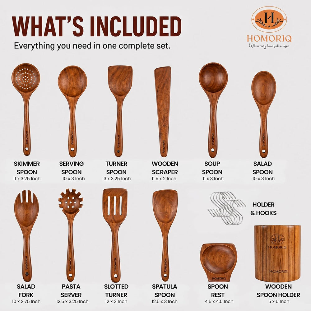 12-Piece Premium Teak Wooden Cooking Utensils Set – Heat-Resistant Spoons &am...