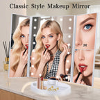 deweisn Floor Mount Tri-Fold Lighted Vanity Mirror with 21 LED Lights, Touch Screen and 3X/2X/1X Magnification, Two Power Supply Modes Make Up Mirror,Travel Mirror