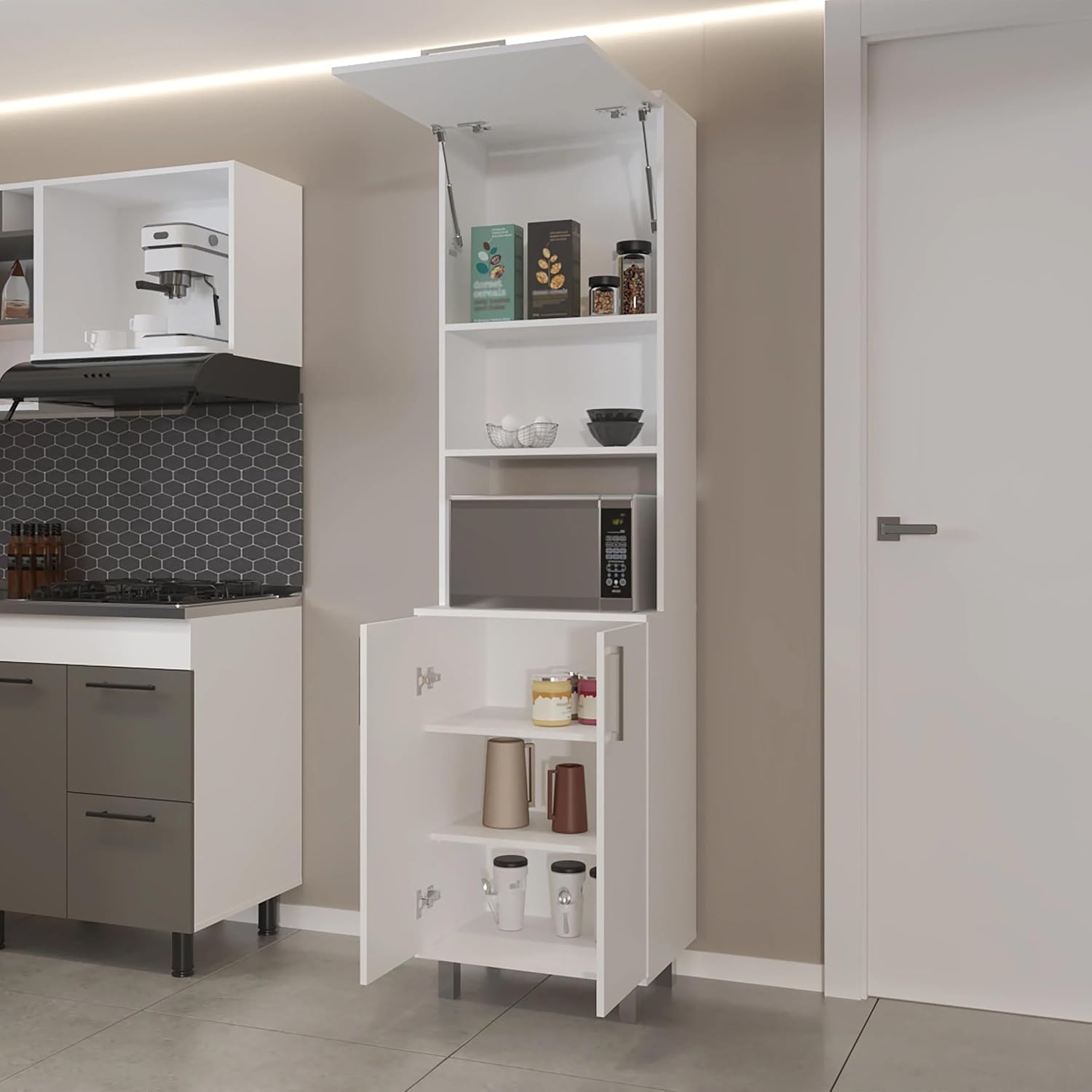 15.4" D*21.7" W*80.3" H Corner Freestanding Kitchen Pantry with 3 Shelves, Top Single Door & Lower Double Door, Rectangular Storage Cabinet, Modern, for Living Room, Dining Room, White