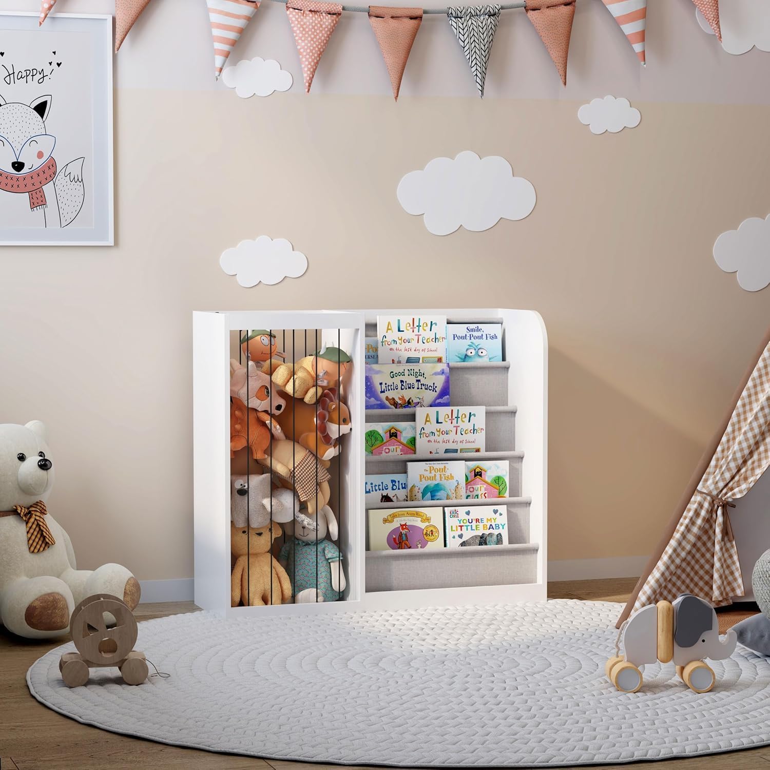 White Kids Bookshelf & Stuffed Animal Net Holder Plush Toy Storage Organizer Child Bookcase Toddler Baby Sling Book Rack for Playroom Bedroom Nursery Infant Boys Girls Classroom