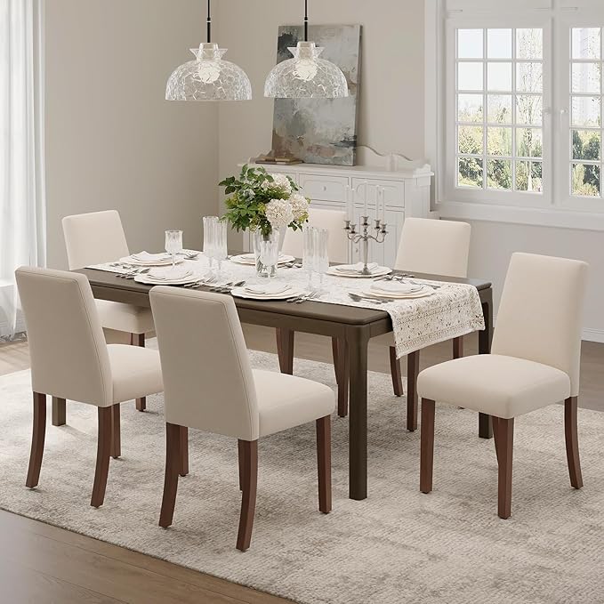 Dining Chairs Set of 6, Modern Dining Room Chairs with Wooden Legs, Upholstered Kitchen Farmhouse Parsons Chairs for Restaurant & Cafe- Beige
