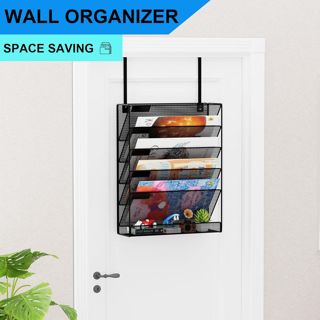 6-Tier Hanging File Organizer Office Cubicle Accessories for Work Organizer Wall Mount File Holder for Mails Folders Papers Magazine Organization, Black