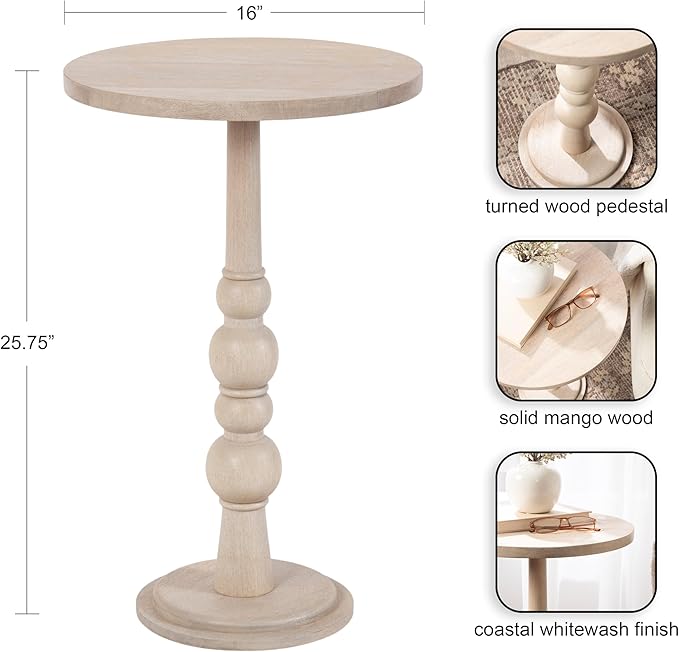 Kate and Laurel Wegner Traditional Wooden Round Side Table, 16 x 26, Whitewash, Elegant and Durable Pedestal Table for Use as Living Room End Table, Plant Stand, or Bedroom Nightstand