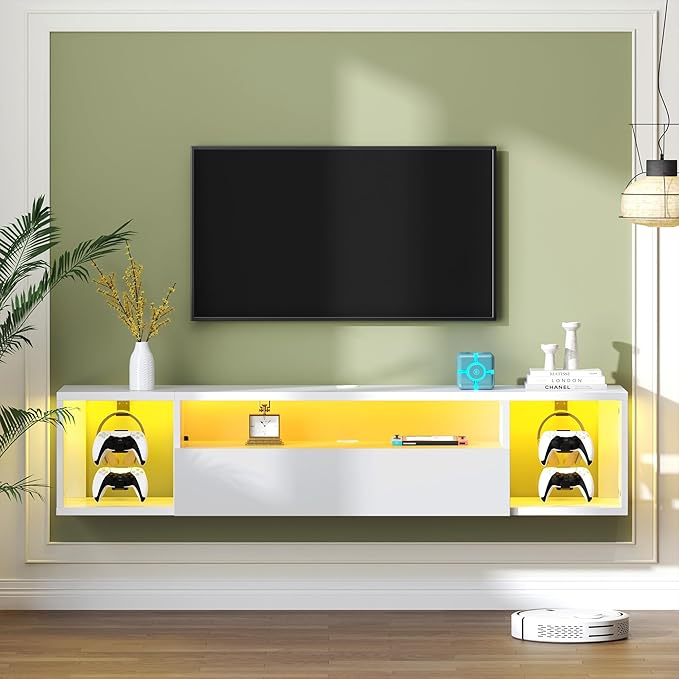 SogesHome 55'' Floating TV Stand with LED Lights, Wall Mounted Entertainment Center with 3 Storage Shelves, Modern Media Console Cabinet for Living Room and Bedroom, White