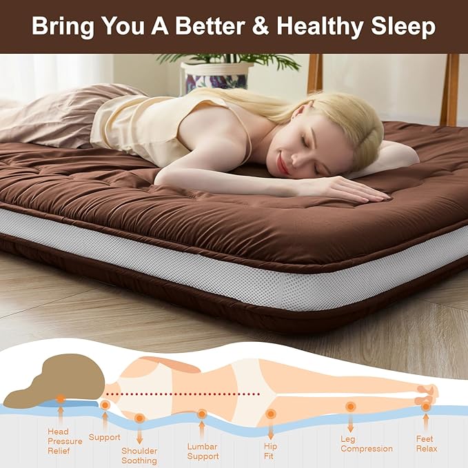 Japanese Floor Mattress, 6" Japanese Futon Mattress, Foldable & Portable Shiki Futon (shikibuton), Roll Up Thicken Sleeping Mattress Tatami Mat Sleeping Pad for Camping (Brown, 54 x 80)