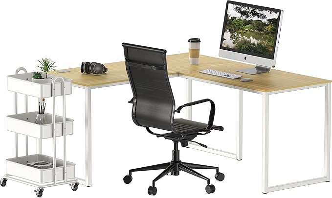 SHW Mission 55 x 60 Inches L-Shape Home Office Computer Desk, Oak
