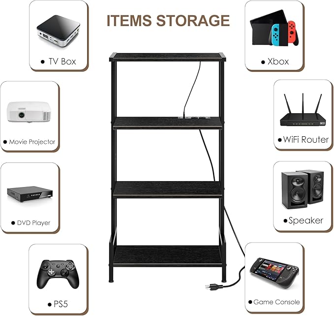 4-Tier AV Media Stand with Power Outlet and LED Lights,Wooden Stereo Stand Ca...