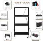 4-Tier AV Media Stand with Power Outlet and LED Lights,Wooden Stereo Stand Cabinet,Game Console Shelf for Small Space,Audio Rack Stand Tower Ideal for Video DVD Players,Xbox
