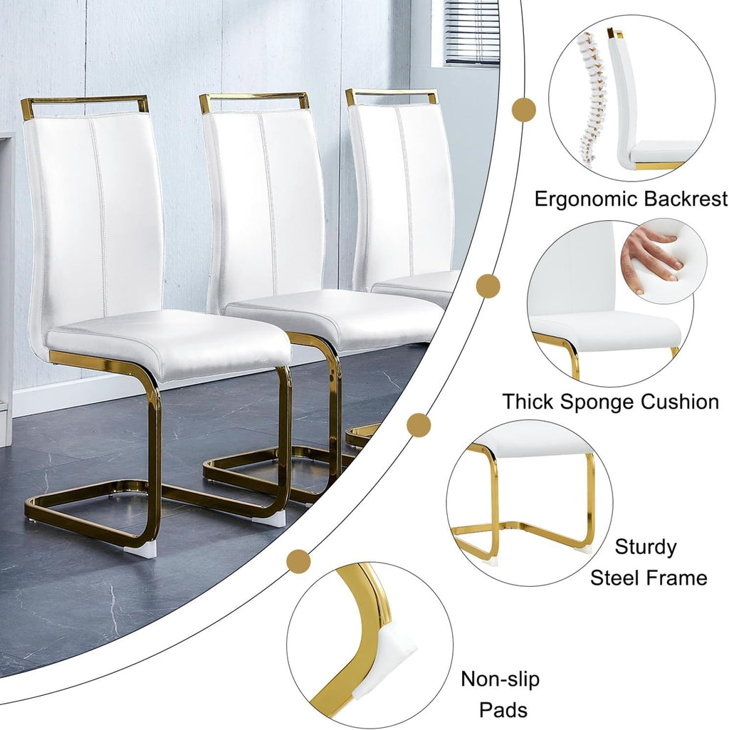 Ebullient White Dining Table Set for 8，71'' Kitchen Table and White Leather Dining Chairs Set of 8, 9 Piece Dining Room Table Set，Modern Gold Metal Frame Dinner Table Set 8 for Kitchen