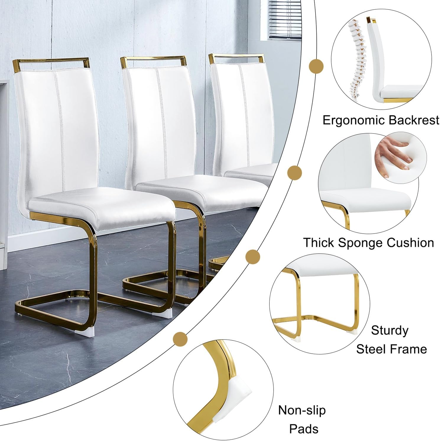 Ebullient White Dining Table Set for 8，71'' Kitchen Table and White Leather Dining Chairs Set of 8, 9 Piece Dining Room Table Set，Modern Gold Metal Frame Dinner Table Set 8 for Kitchen