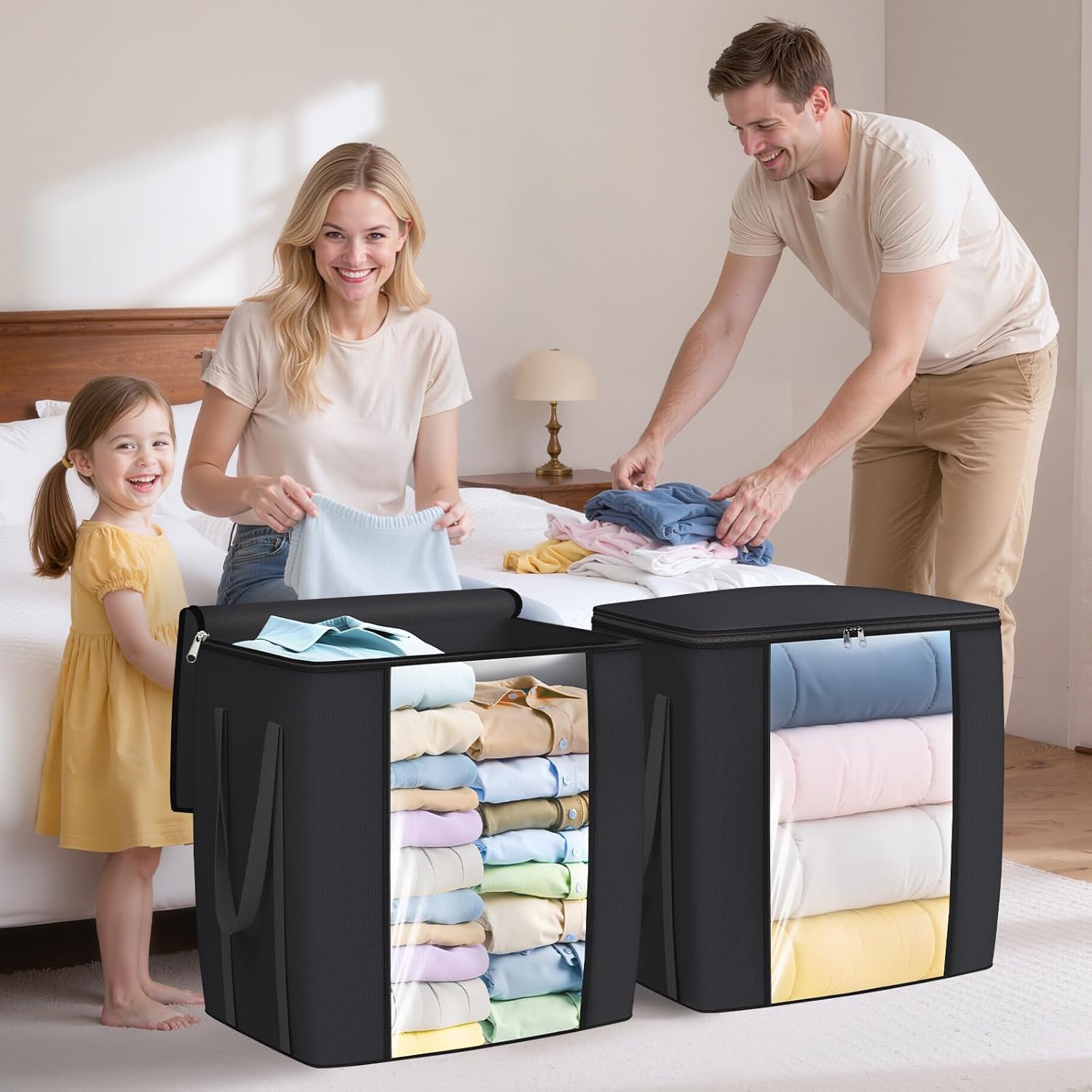 120L Extra Large Clothes Storage Bags, Foldable Blanket Storage and Organization, Thick Fabric Containers with Reinforced Handles & Zippers for Clothing, Comforters, Bedding, Black, 1 Pack
