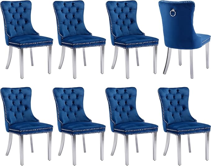 Luxury Upholstered Dining Chairs Set of 8, Blue Kitchen Chair with Silver Met...