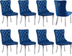 Luxury Upholstered Dining Chairs Set of 8, Blue Kitchen Chair with Silver Metal Legs, Velvet Tufted Back Dining Chair, Sillas de Comedor, Modern Kitchen & Dining Room Chairs (Blue, 8 Pcs)