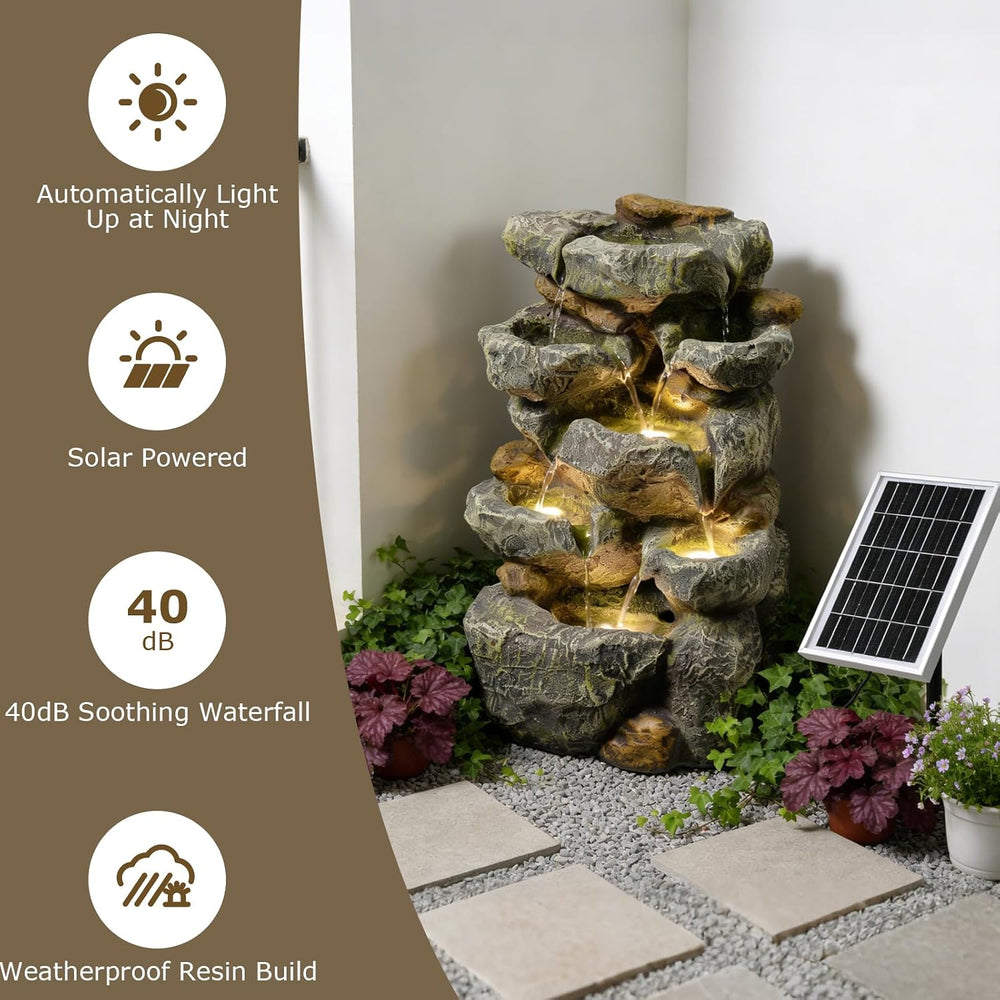 5 Tiered Solar Water Fountain Outdoor Garden with LED Lights