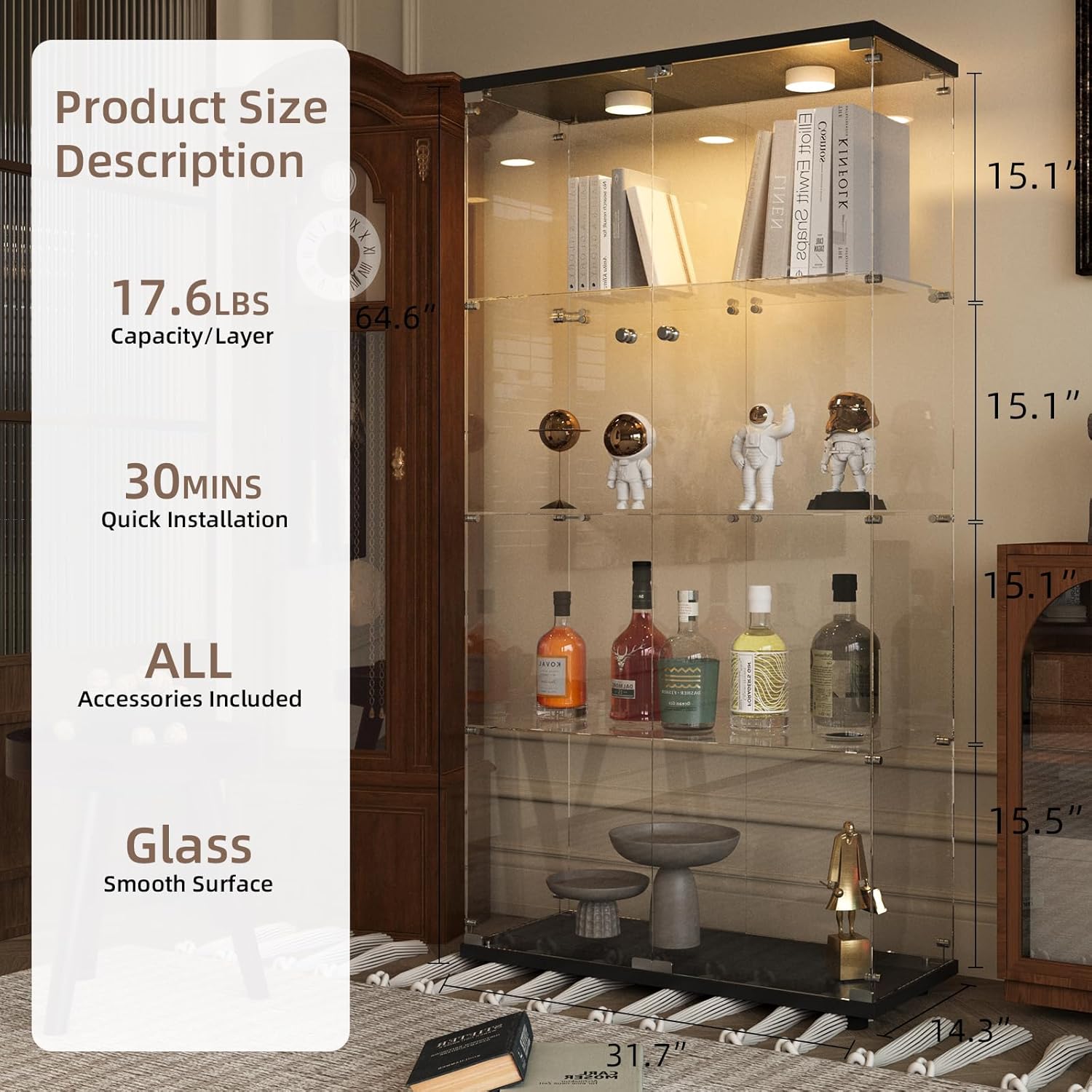 Beauty4U Glass Display Cabinet with Light, 4 Shelves with 2 Doors, Curio Cabinets for Living Room, Bedroom, Office, Black Floor Standing Glass Bookshelf, Quick Installation