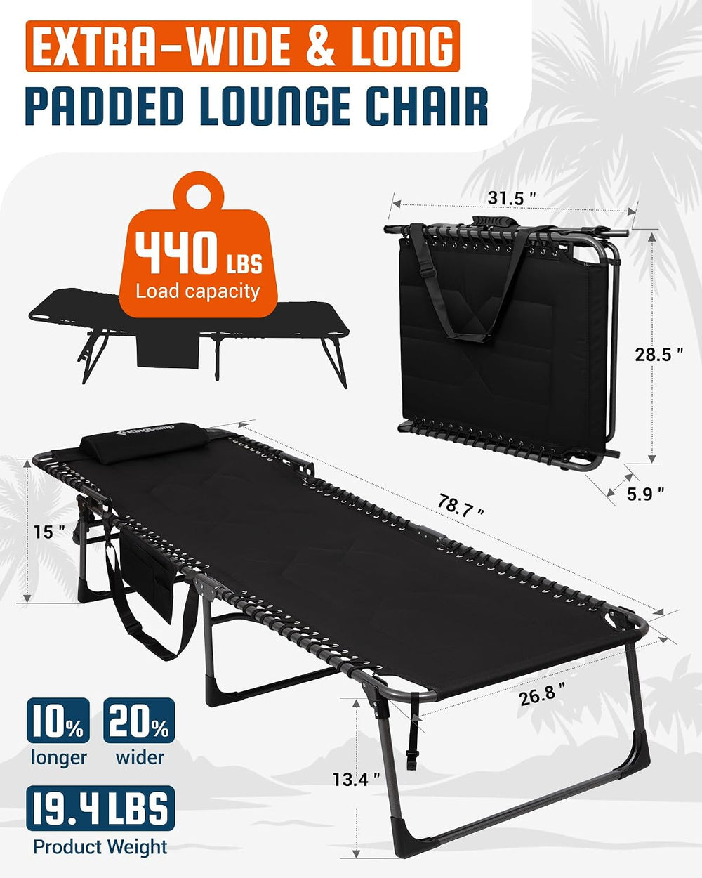 KingCamp Oversized Tanning Chair Padded Lounge Chair, Black | Extra-Wide Padd...