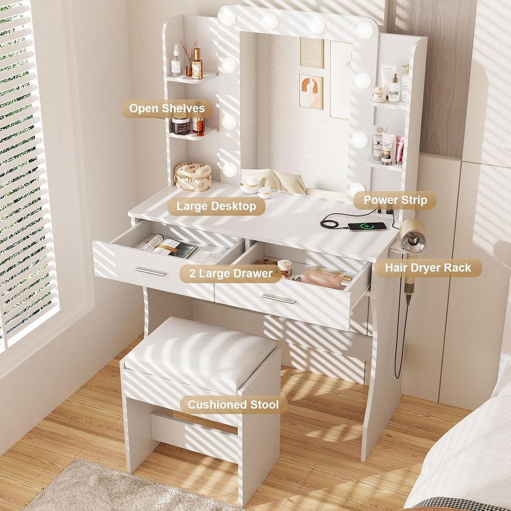 Vabches Vanity Desk with Mirror and Lights,Makeup Vanity Table with Charging ...