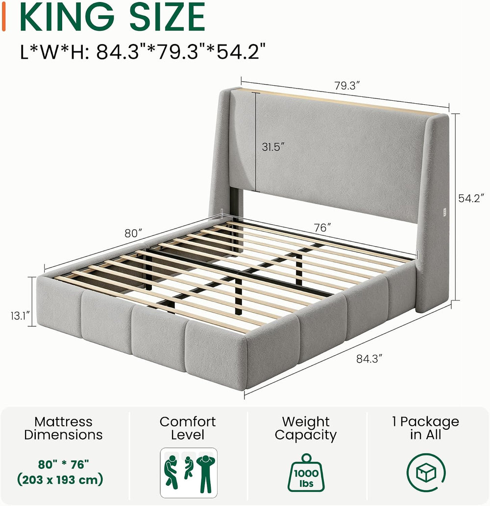 LARMACE King Size Bed Frame 54.2" Extra Tall Wingback Headboard, Lambswo...