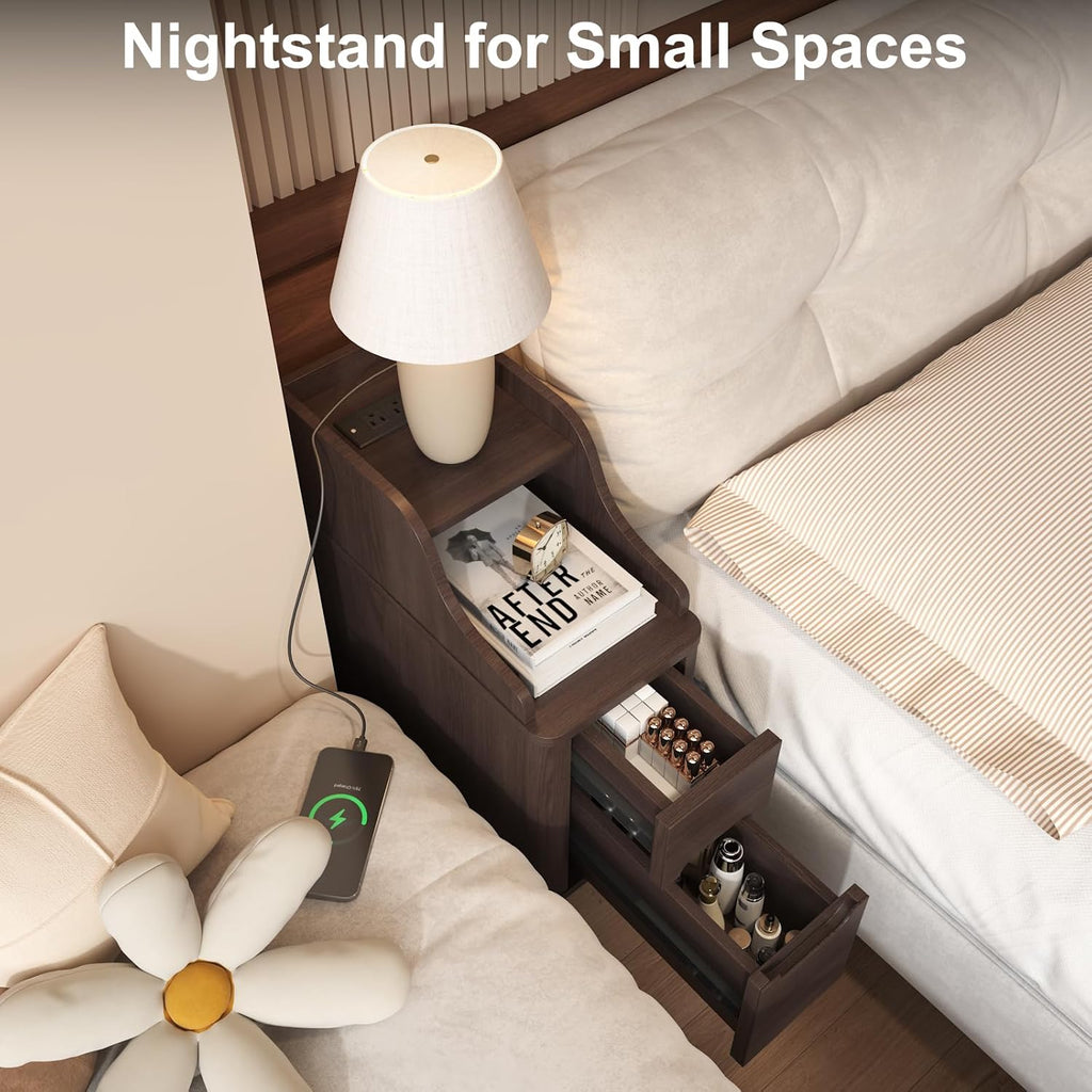 Narrow Nightstand with Drawers, Wood Night Stand with Charger Station, Narrow Bedside Table Modern Side Table Skinny End Table for Bedroom, Brown