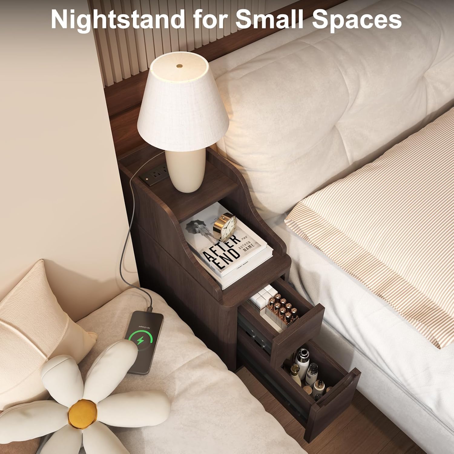 Narrow Nightstand with Drawers, Wood Night Stand with Charger Station, Narrow Bedside Table Modern Side Table Skinny End Table for Bedroom, Brown