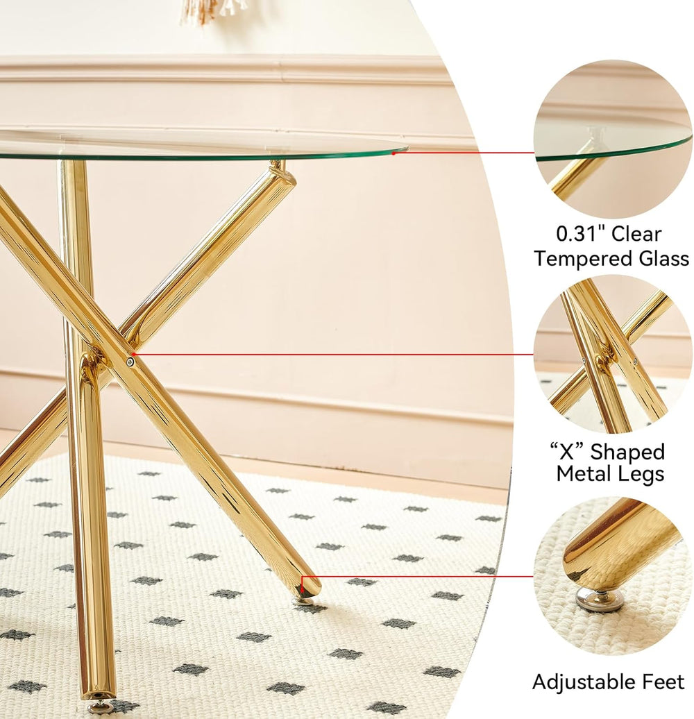36" Luxury Gold Glass Dining Room Table Set for 4, 5-Piece Round Kitchen...