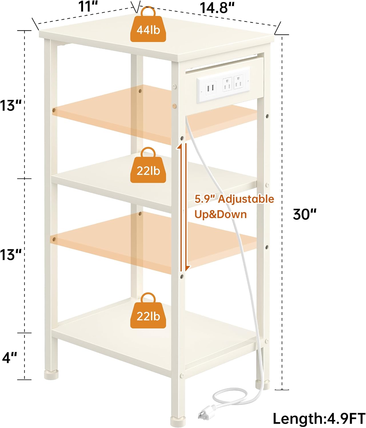 Asgolion Tall End Table with Charging Station, Narrow Tall Side Table | 3 Tier Narrow Tall Nightstand with Storage, Slim Tall Bedside Table for Bedroom, Living Room, Office, Cream White