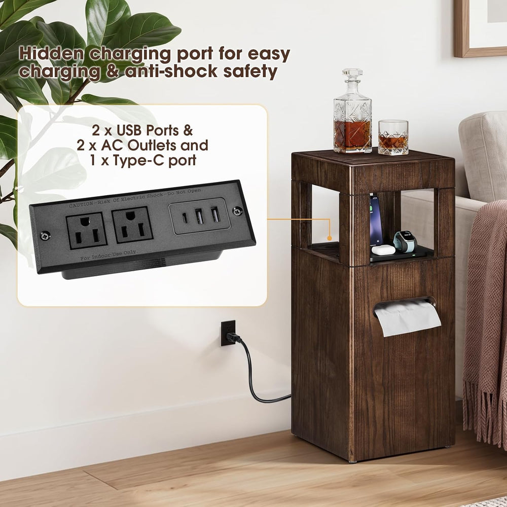 Multi Use Side End Table with Charging Station for Living Room, Solid Wood Sm...