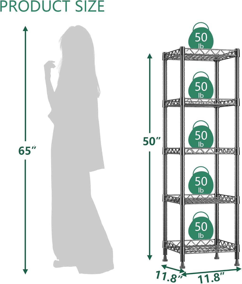 GIOTORENT 5 Tier Standing Shelving Metal Units, Adjustable Height Wire Shelf Display Rack for Laundry Bathroom Kitchen 11.8 W x 11.8 D x 50 H (5-Tier, Black)